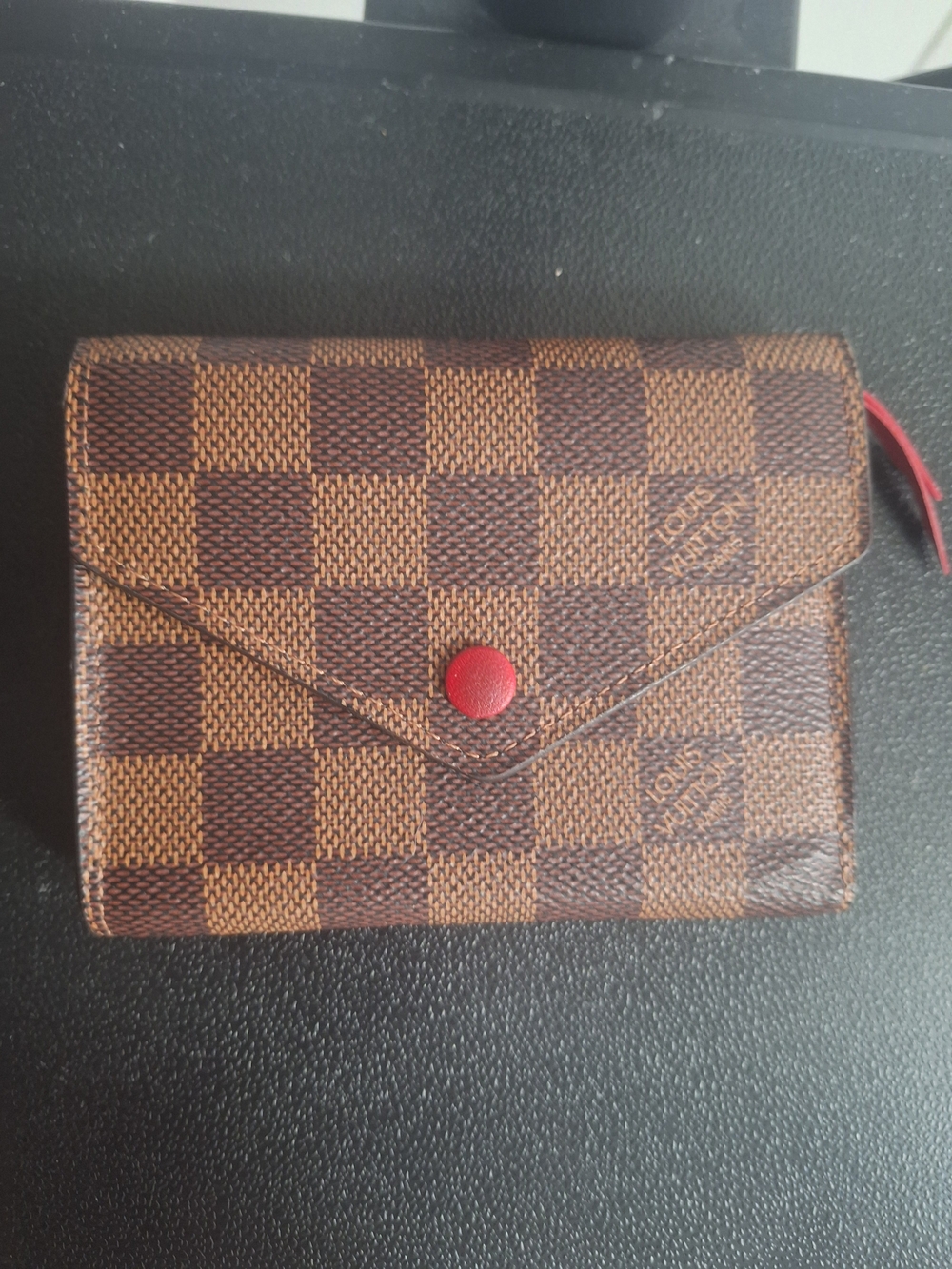 Louis Vuitton Brown Checkered Card Holder with Red Snap